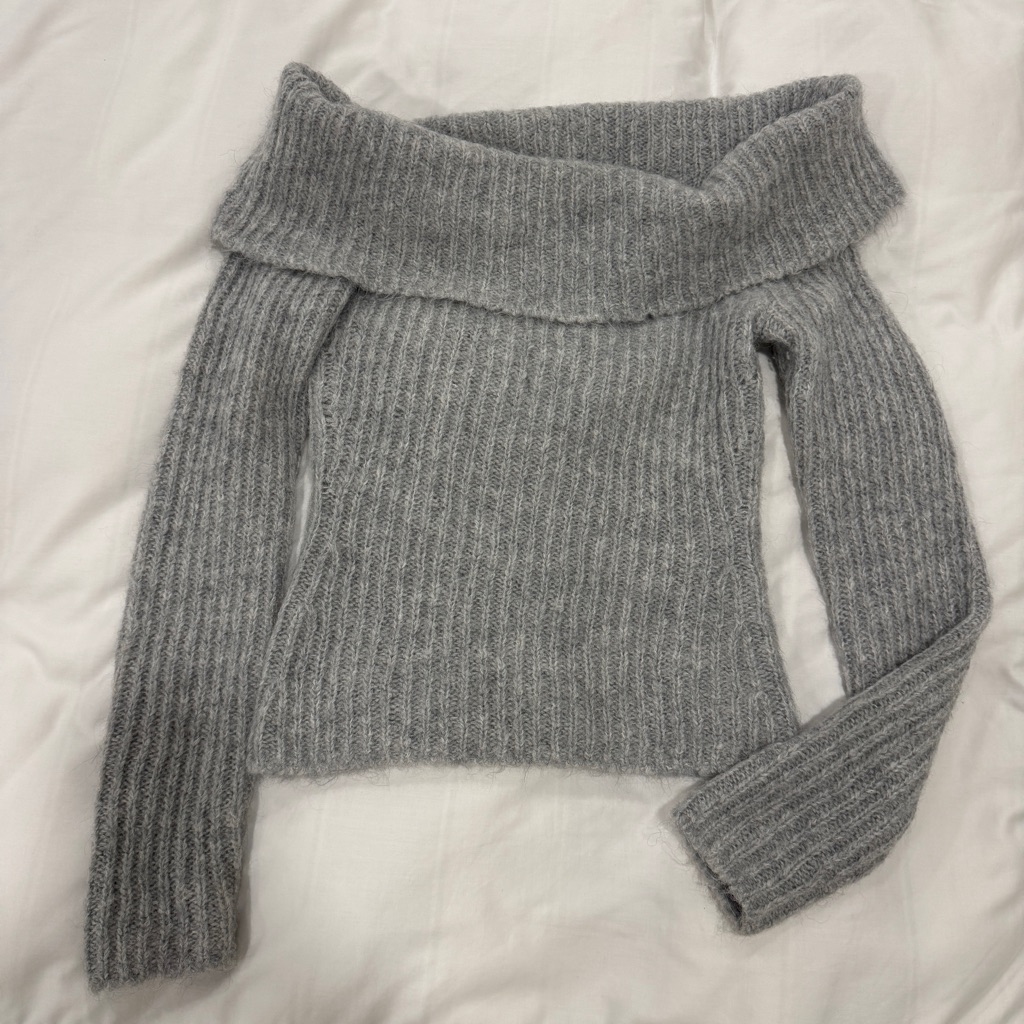Reformation Off-Shoulder Gray Ribbed Sweater